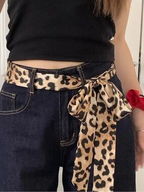 Leopard Print Satin Tie Belt - Tan